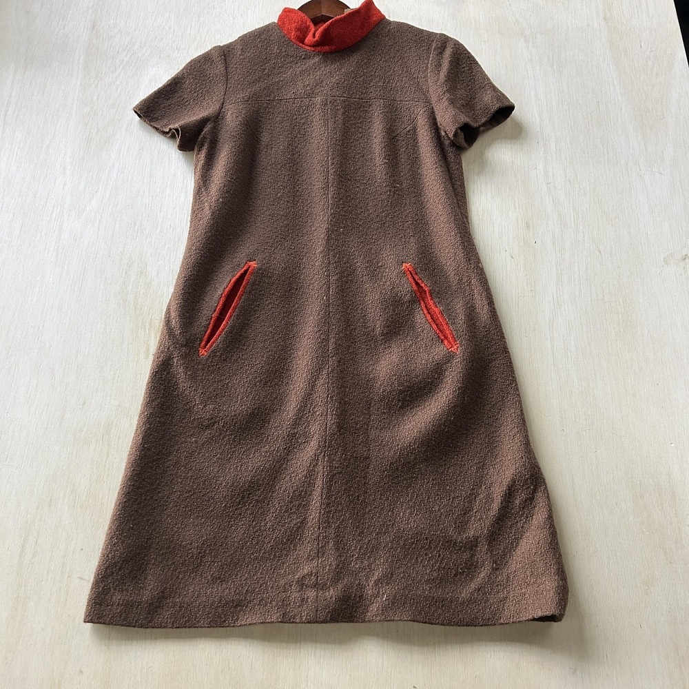 Vintage Alison Ayres Dress Womens M Brown Tweed Mock Neck Shift Knee Length